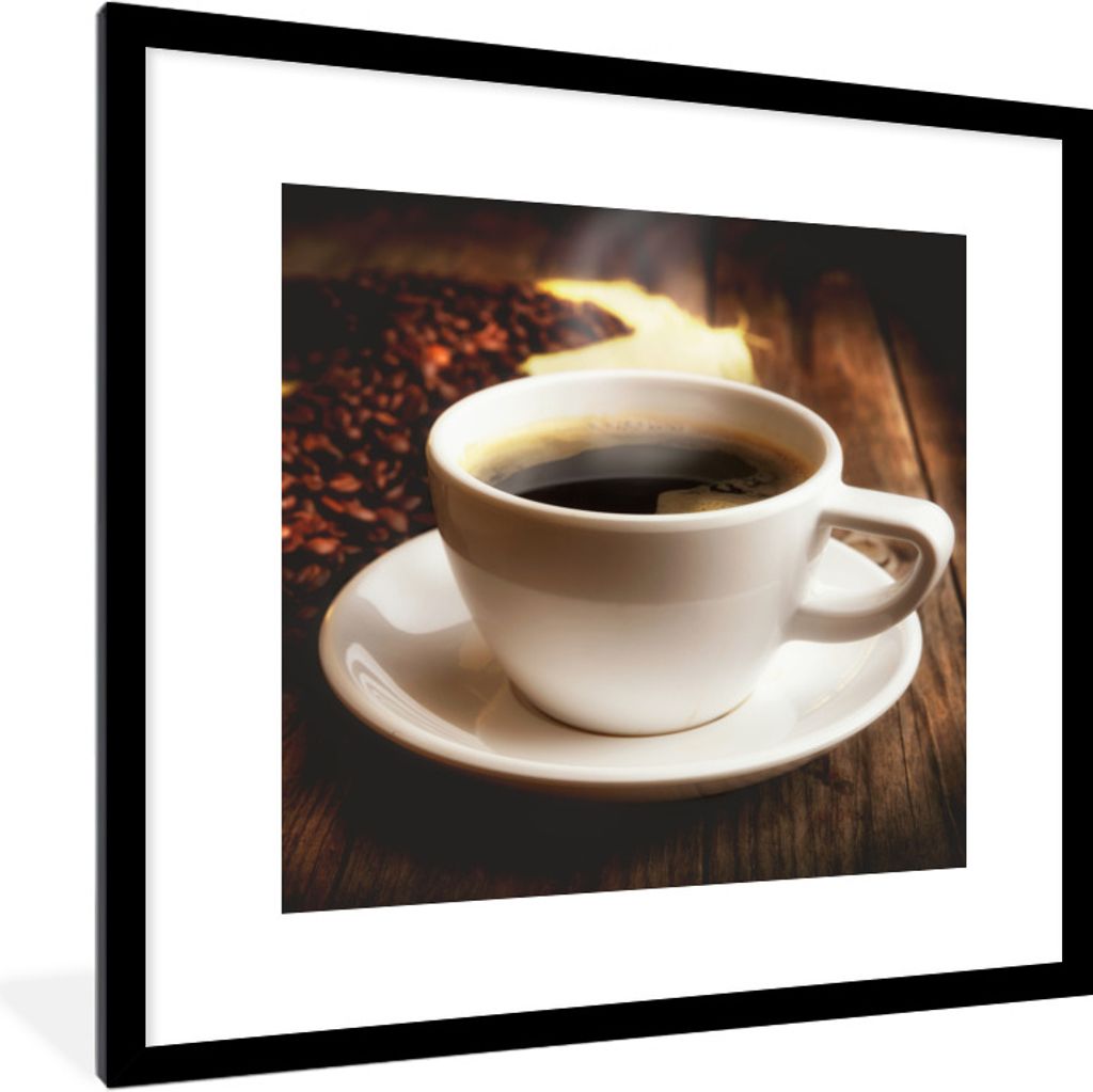 MuchoWow Gerahmtes Poster Eine heiße Tasse Kaffee mit Kaffeebohnen 40x40 cm - Poster mit Schwarzem Bilderrahmen Wandposter Rahmen Foto Bilder - ...