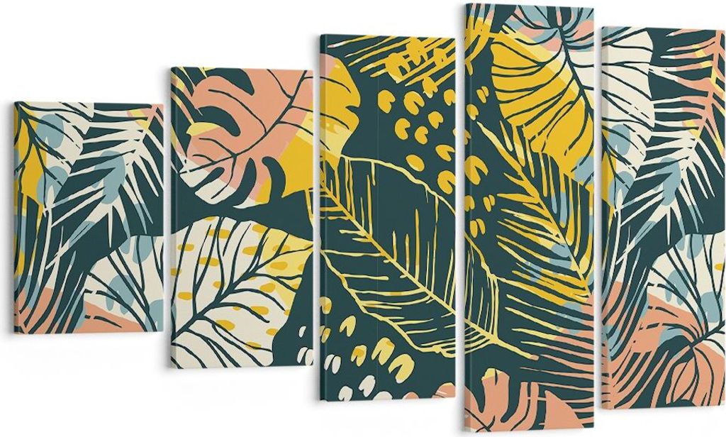 Bild auf Leinwand - Leinwandbild - 5 Teile - Blätter modern bunt - 100x60cm - Wand Bild - Wanddeko - Wandbilder - Leinwanddruck - Bilder - Wanddek...