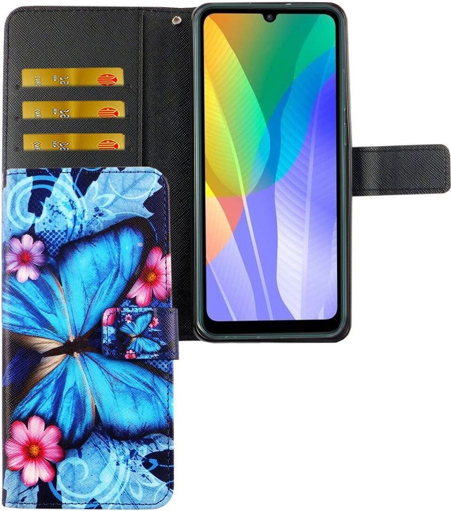 Huawei Y6P Tasche Handy Hülle Schutz-Cover Flip-Case mit Kartenfach Blauer Schmetterling
