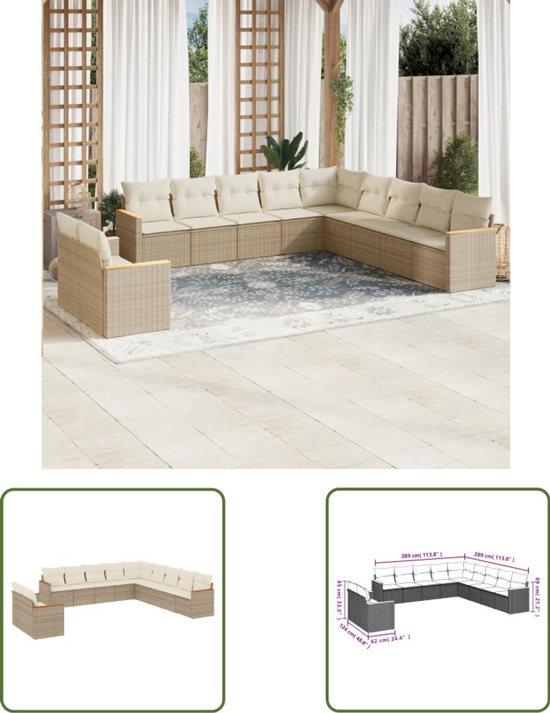 The Living Store 11-tlg. Garten-Sofagarnitur mit Kissen Beige Poly Rattan