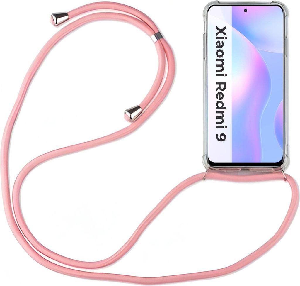 Xiaomi Hülle mit Band Schutzhülle Handykette Silikon Handy Tasche mit Schnur Neu Xiaomi Redmi 9 Rosa