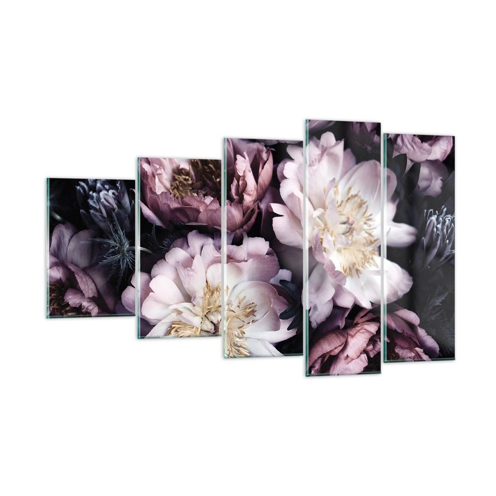 Bilder auf glas - 5 Teile - Pfingstrosen Veilchen Blumen - 100x60cm - Glasbilder - Wandbilder - Bilder - Wanddekoration aus Glas - Glas Bilder - Wa...