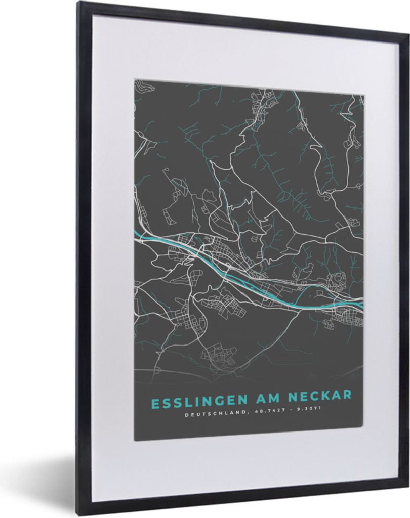MuchoWow Gerahmtes Poster Blau - Deutschland - Karte - Stadtplan - Esslingen am Neckar 30x40 cm - Poster mit Schwarzem Bilderrahmen Wandposter Ra...