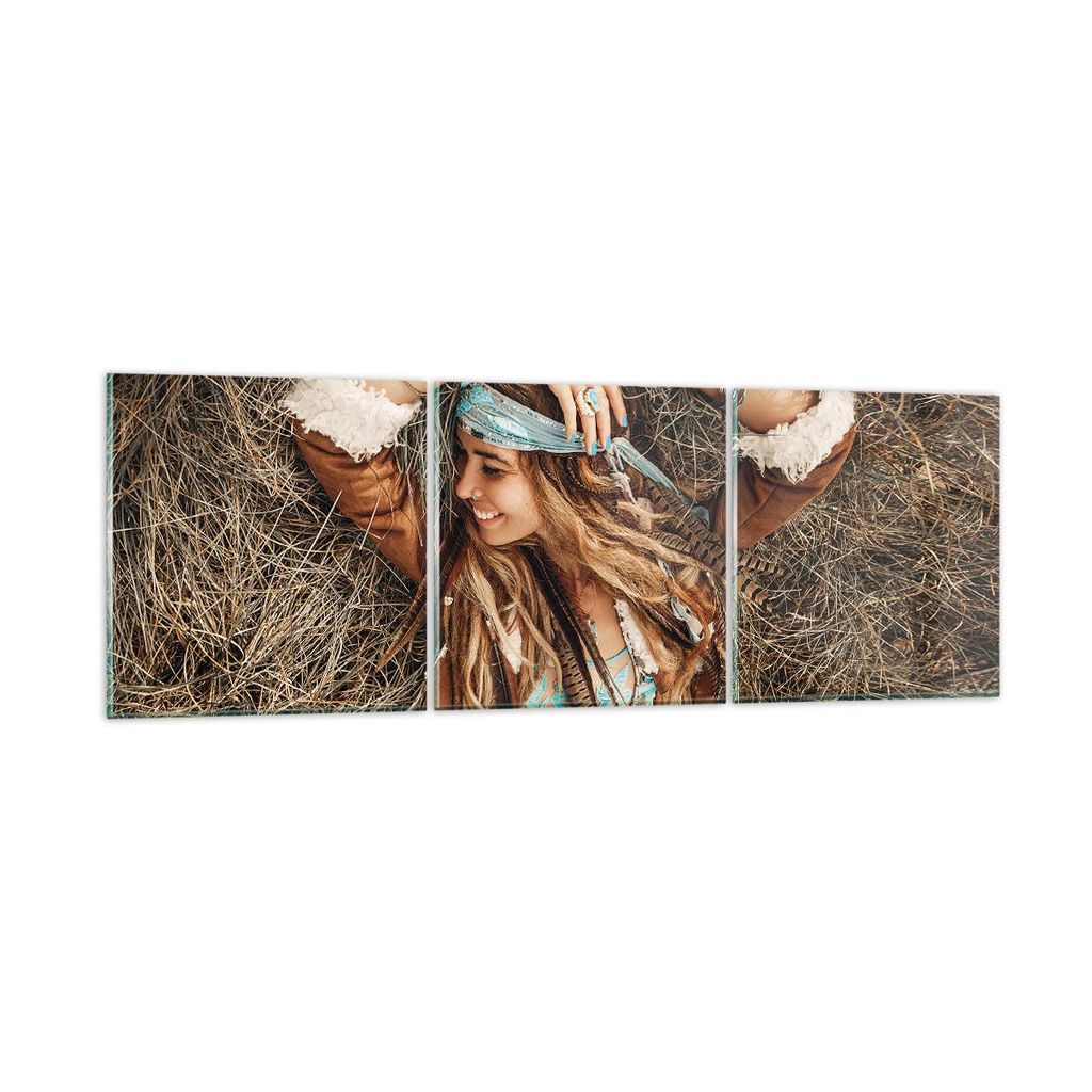 Bilder auf glas - 3 Teile - Hippie Frau Gras - 90x30cm - Glasbilder - Wandbilder - Bilder - zum Aufhängen bereit - Wanddekoration aus Glas - Glas ...