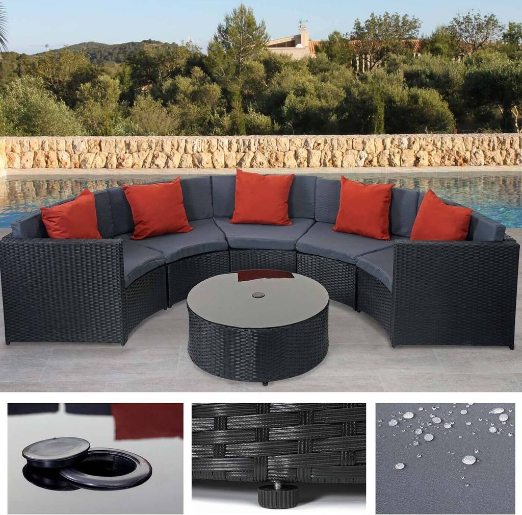 Poly-Rattan Garnitur rund HWC-E17, Garten-Set Sitzgruppe schwarz, Polster dunkelgrau, Kissen terracotta