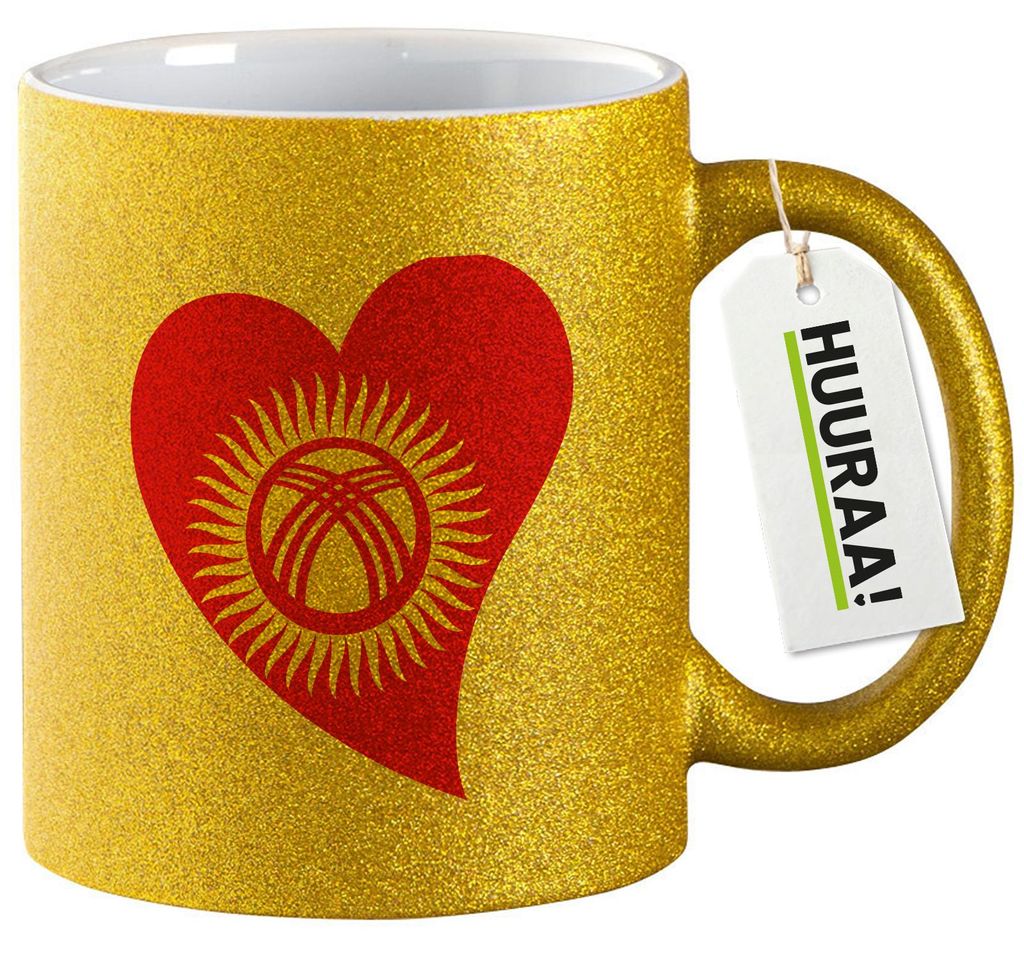 Huuraa Glitzertasse Kirgisistan Flagge Herz 330ml Gold Keramik Kaffeebecher Geschenkidee