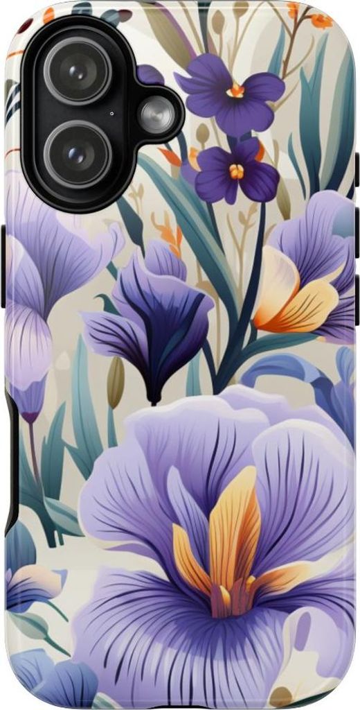 Stilisierte lila Irisblüten mit orangefarbenen Akzenten – Hülle Kompatibel mit iPhone 17