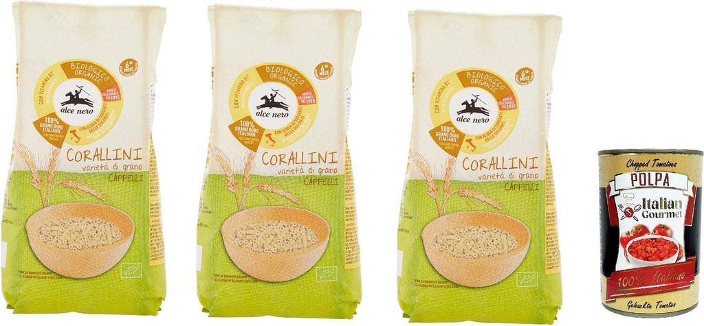 Alce Nero Pasta Corallini , Hartweizen Nudeln, Mit Cappelli-Hartweizen, Angebaut in Italien, 3x Packung mit 500g + Italian Gourmet Polpa di Pomodor...