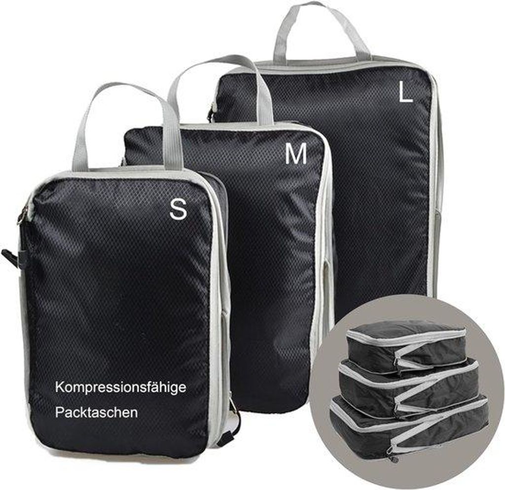 Famanu Packtaschen Set von 3 für Koffer und Rucksack - doppelte Reißverschluss für Platzersparnis - Nylon - Schwarz
