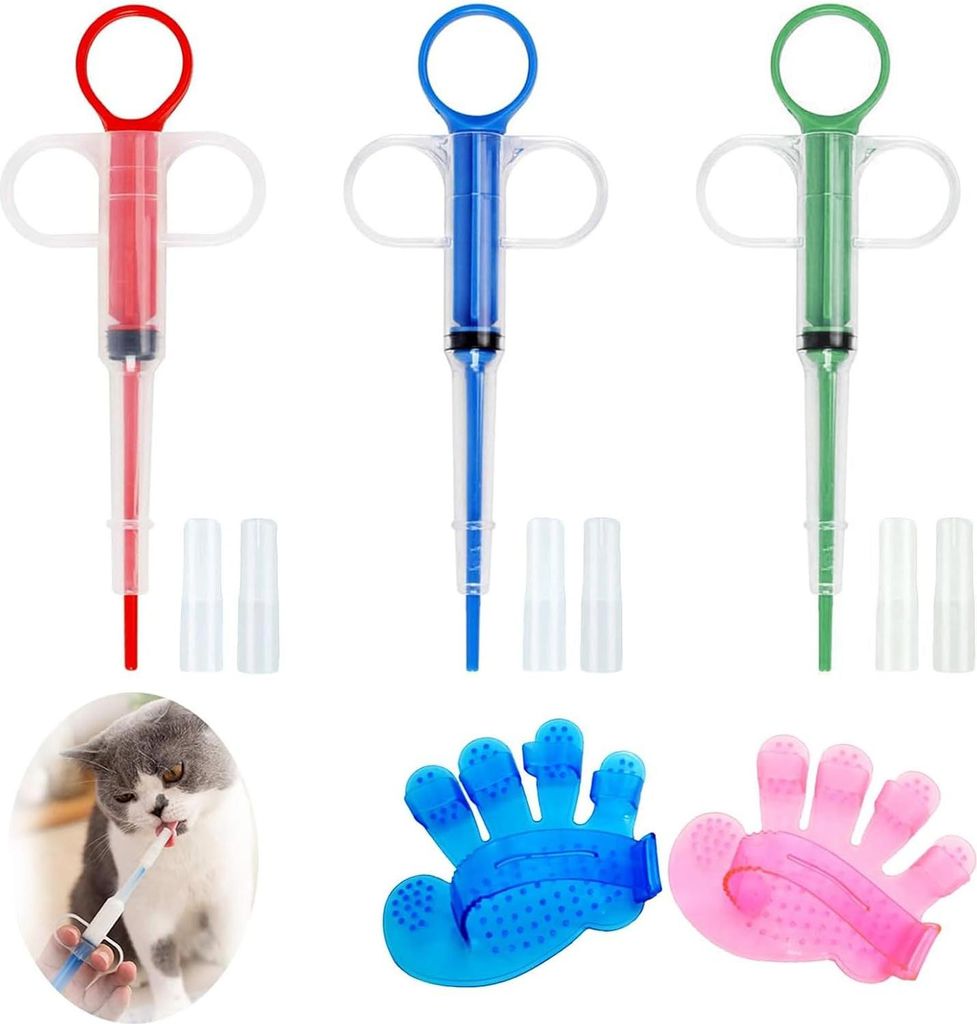 3 Stück Medizinische Pillenspritze für Kleine Tiere mit Haustierpflegehandschuh und Bürste - Sicherheit für Katze und Hund - Wiederverwendbar -...