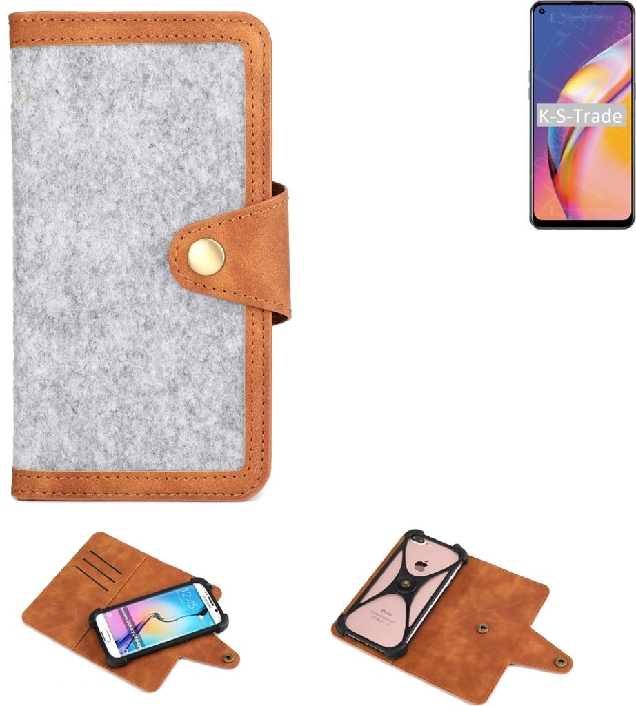 K-S-Trade Handyhülle kompatibel mit Oppo A94 Schutzhülle Filz-Hülle Kunst-Leder hellgrau braun (1x)