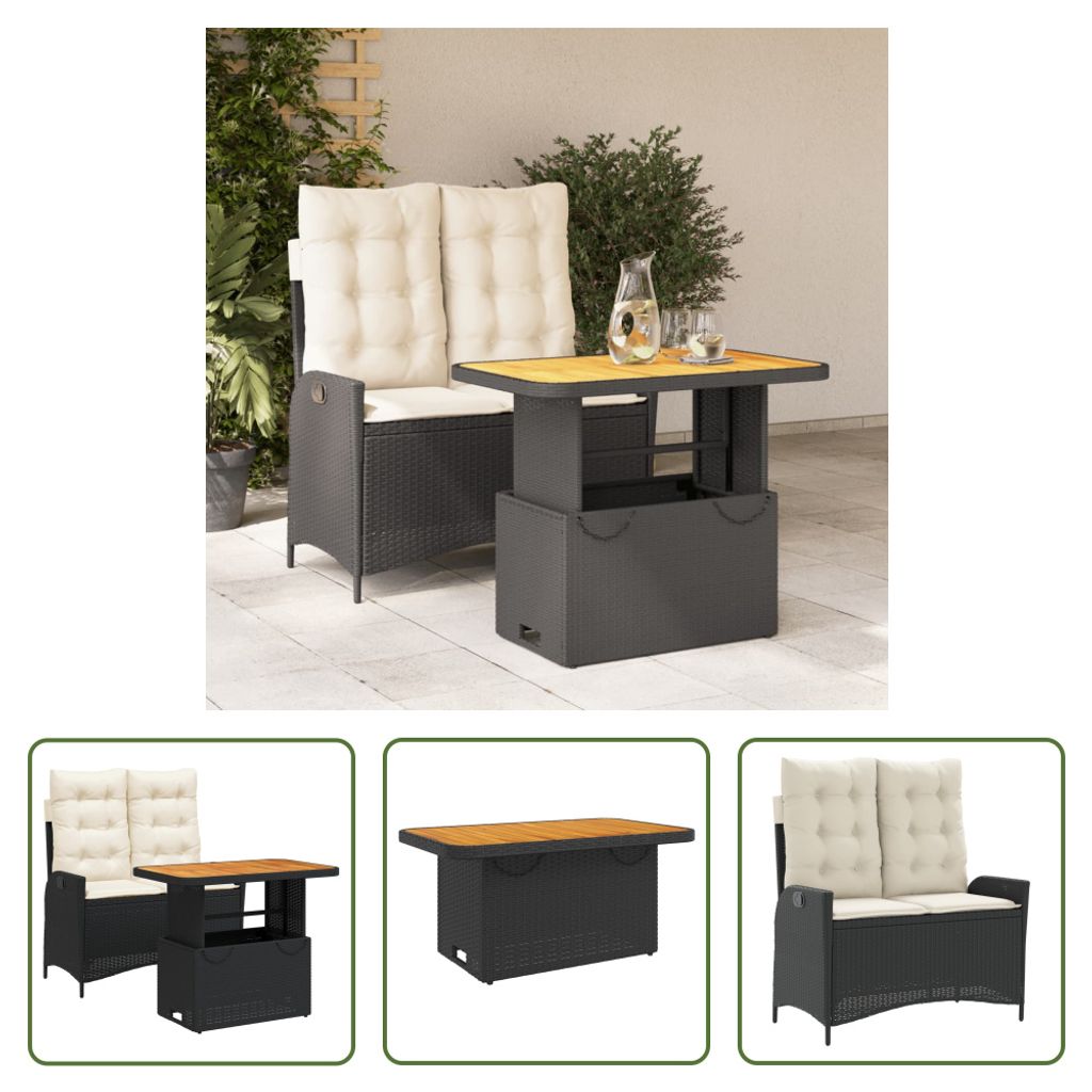 The Living Store 2-tlg. Garten-Essgruppe mit Kissen Schwarz Poly Rattan