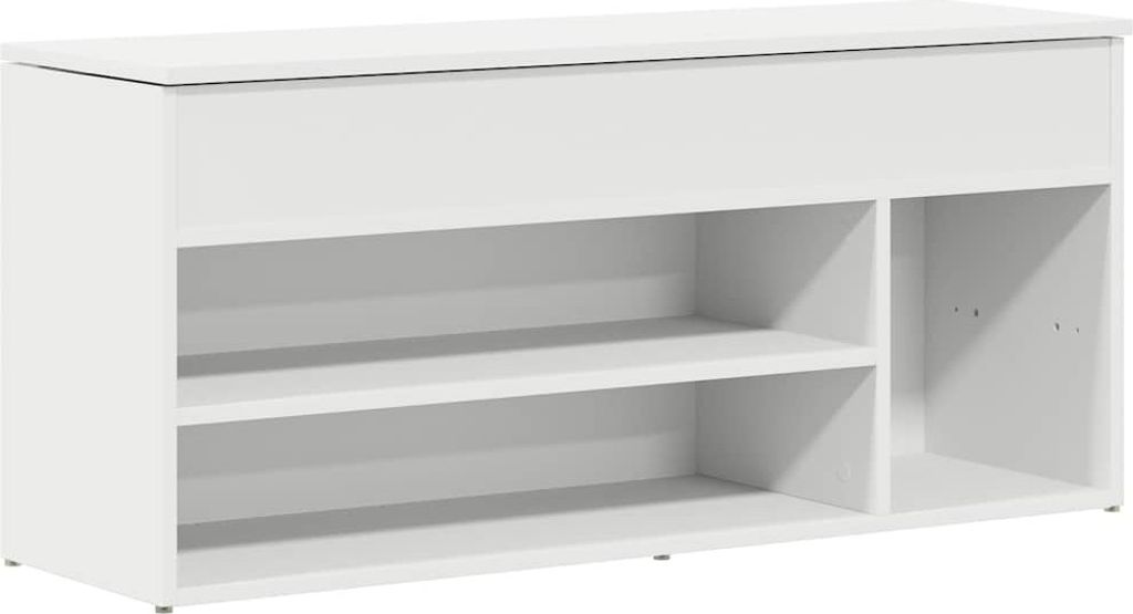 A white shoe bench with open shelves.