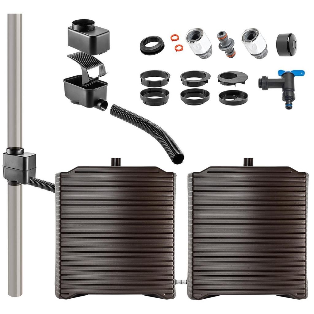 KADAX Regentonne, Modulregenwassertank für Garten, Wetterbeständiger Regenfass 126 Liter (2x Mokka + Sammler SET B)
