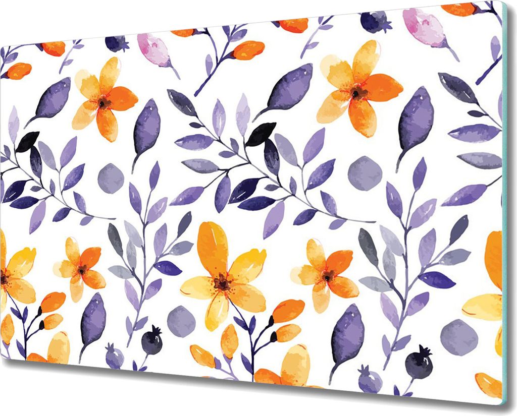 Glas-Herdabdeckplatte Glaskeramikkochfeld-Abdeckung Spritzschutz - 80x52 cm - Beeren Gelbe Blumen