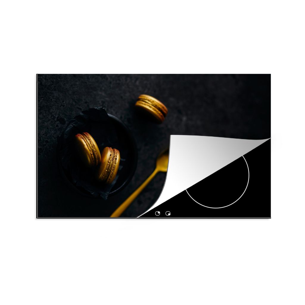 KitchenYeah Herdabdeckplatte Makronen - Löffel - Gold - Schwarz - Stilleben , 90x52cm, Küche Deko, Glaskeramikkochfeld Herdabdeckung, Abdeckpla...