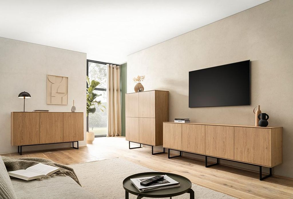 Wohnzimmer-Set in Eiche mit Lowboard, Highboard & Sideboard, Metallgestelle, 3-teilig - KASOL-61