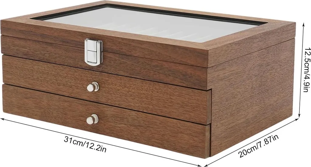 Scatola per matite - Contenitore ed espositore a 3 livelli - 34 scomparti - Coperchio in vetro - Fodera in velluto - 31×20×12,5 cm - colore noce - 3