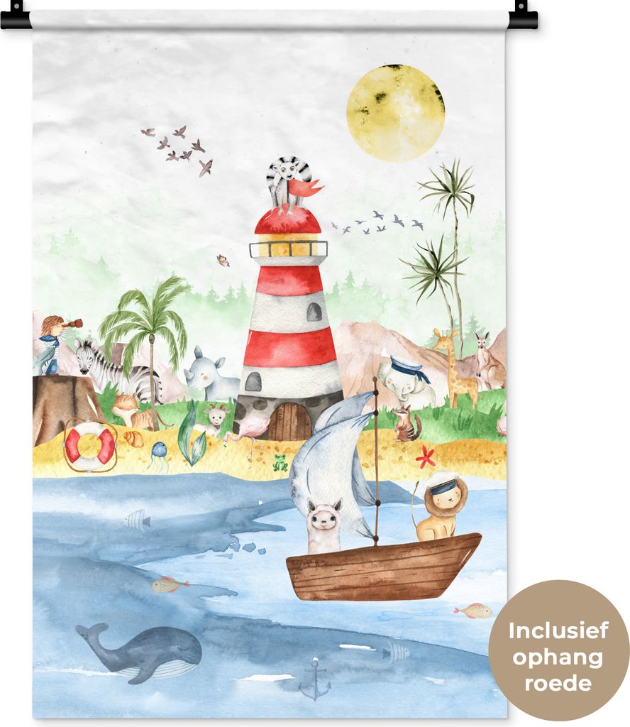 MuchoWow Wandteppich Wandbehang Strand - Tiere - Kinder - Leuchtturm - Jungen 60x90 cm Tapisserie Dekoration Wandtuch - Foto-Teppich - Abwaschbar