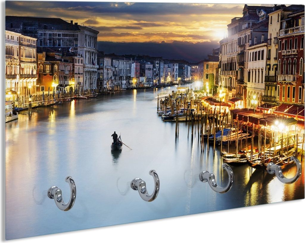 Wallario Schlüsselbrett aus Glas, Motiv: Canal Grande in Venedig am Abend mit untergehender Sonne, 30 x 20 cm mit 4 Haken
