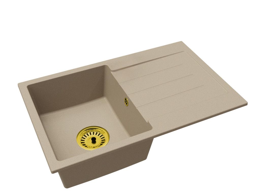 Granitspüle Einbecken mit Abtropffläche Roxy – Beige – Goldener Siphon