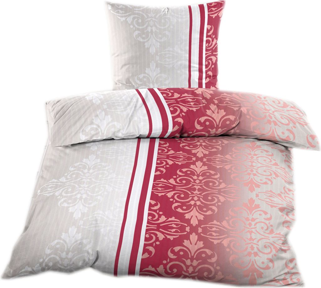 A folded duvet and pillowcase set with a red and beige ornate pattern.