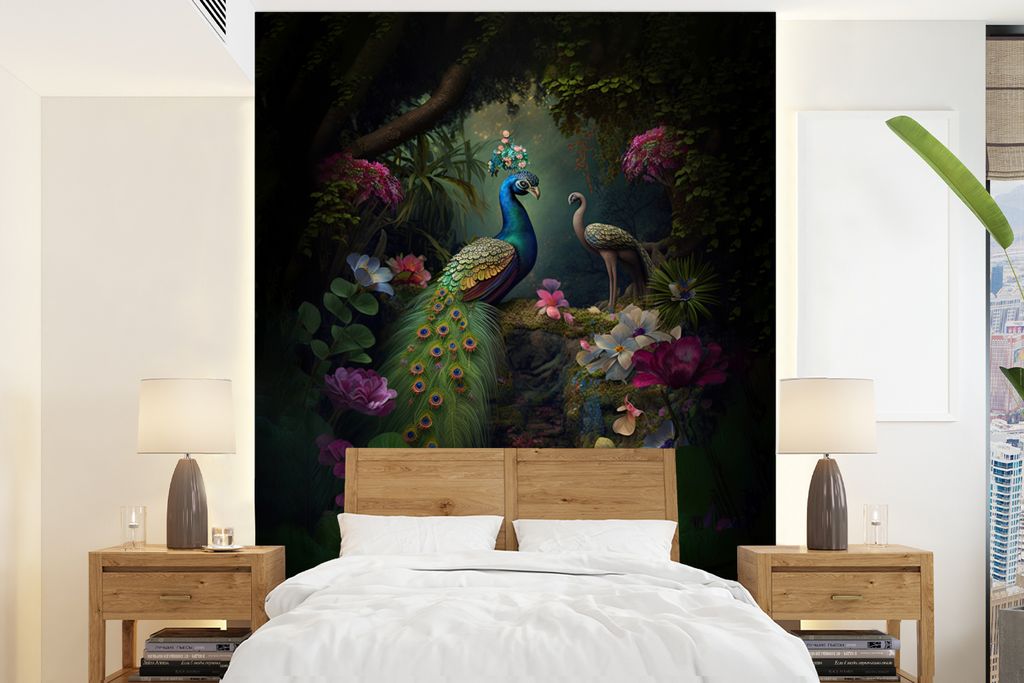 MuchoWow Fototapete für Wohnzimmer oder Schlafzimmer Wandtapete Vinyl Motivtapete Pfau - Blumen - Vögel - Dschungel - 175x240 cm - Schlafzimmer...