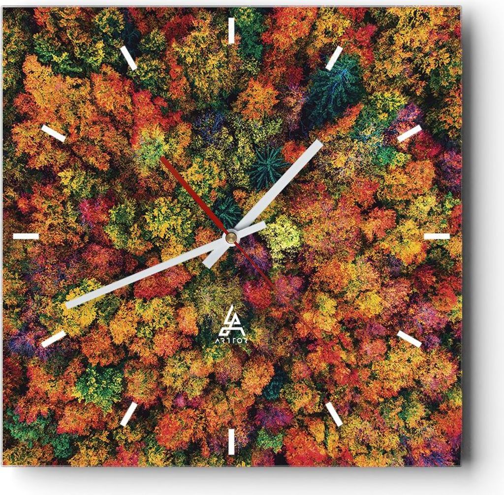 Wanduhr - Quadrat - Glasuhr - Herbst Perspektive Vogel - 30x30cm - Schleichendes Uhrwerk - Lautlos - zum Aufhängen bereit - Dekoration Modern - Wa...