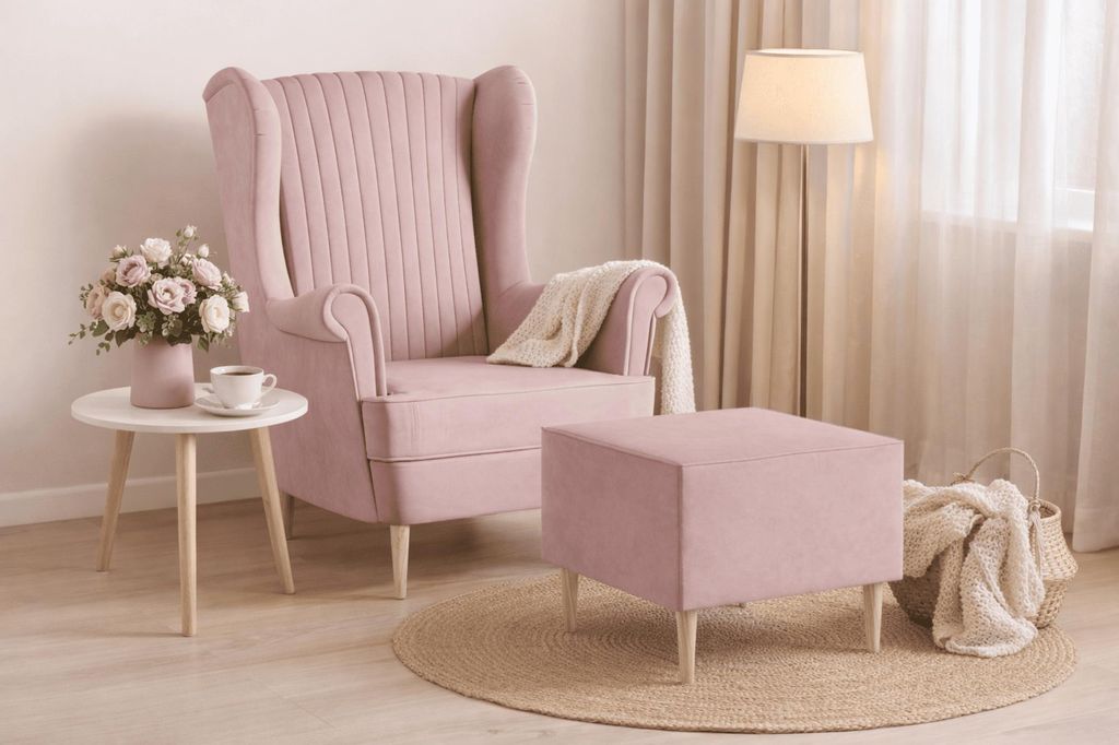Ohrensessel, Sessel aus Samstoff, Stuhl, Sitzmöbel, Polstersessel, Relaxsessel - Sessel Comfy mit Hocker - Rosa (Manila 09)