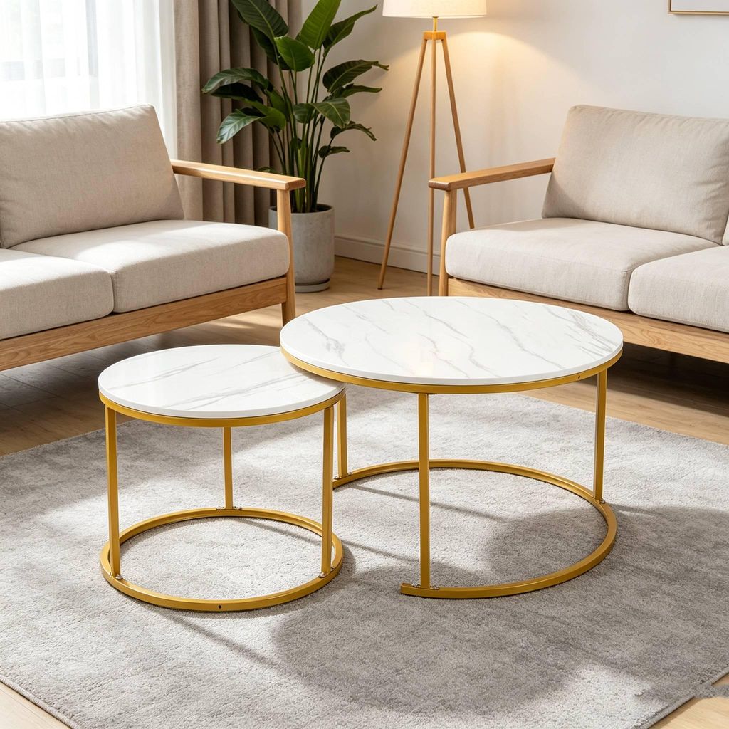 Satztisch 2er Set,Couchtisch Rund aus Holz,stapelbar Produktbild 