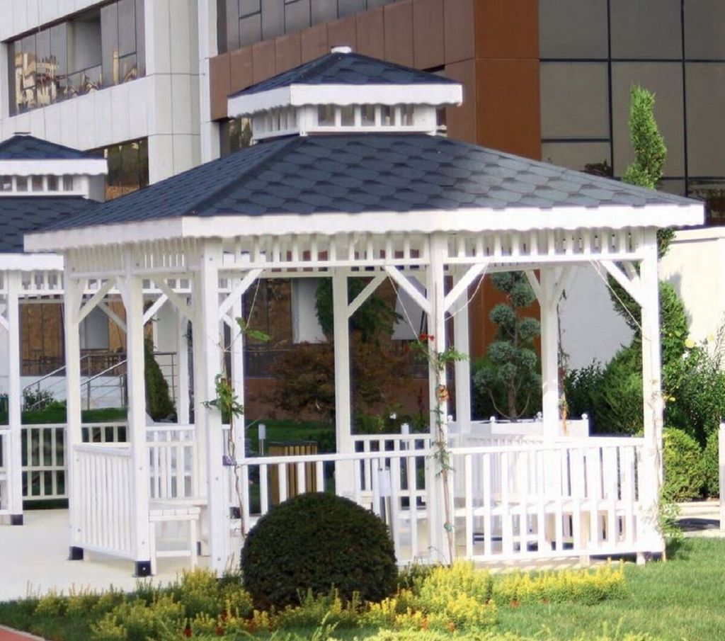 Casa Padrino Pavillon mit Sitzbänken Weiß / Blau 400 x 400 x H. 400 cm - Garten & Park Möbel