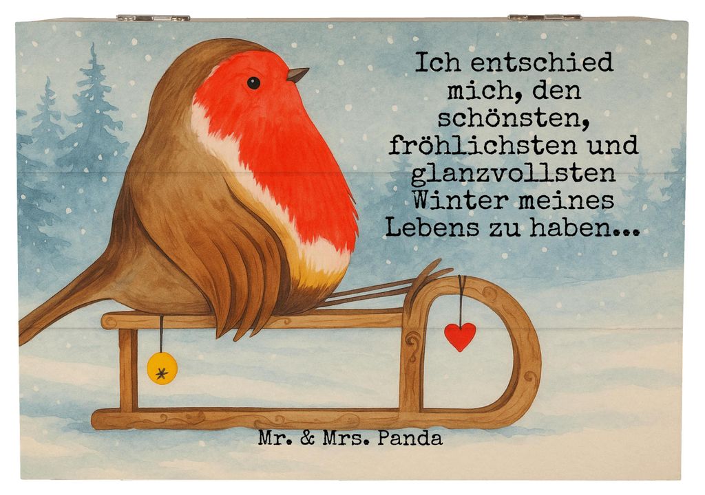 Mr. & Mrs. Panda Box Rotkehlchen Schlitten Design 22 x 15 cm - Weiß - Geschenk, Vogel, Holzkiste mit Deckel, Weihnachten, Aufbewahrungsbox aus Hol...