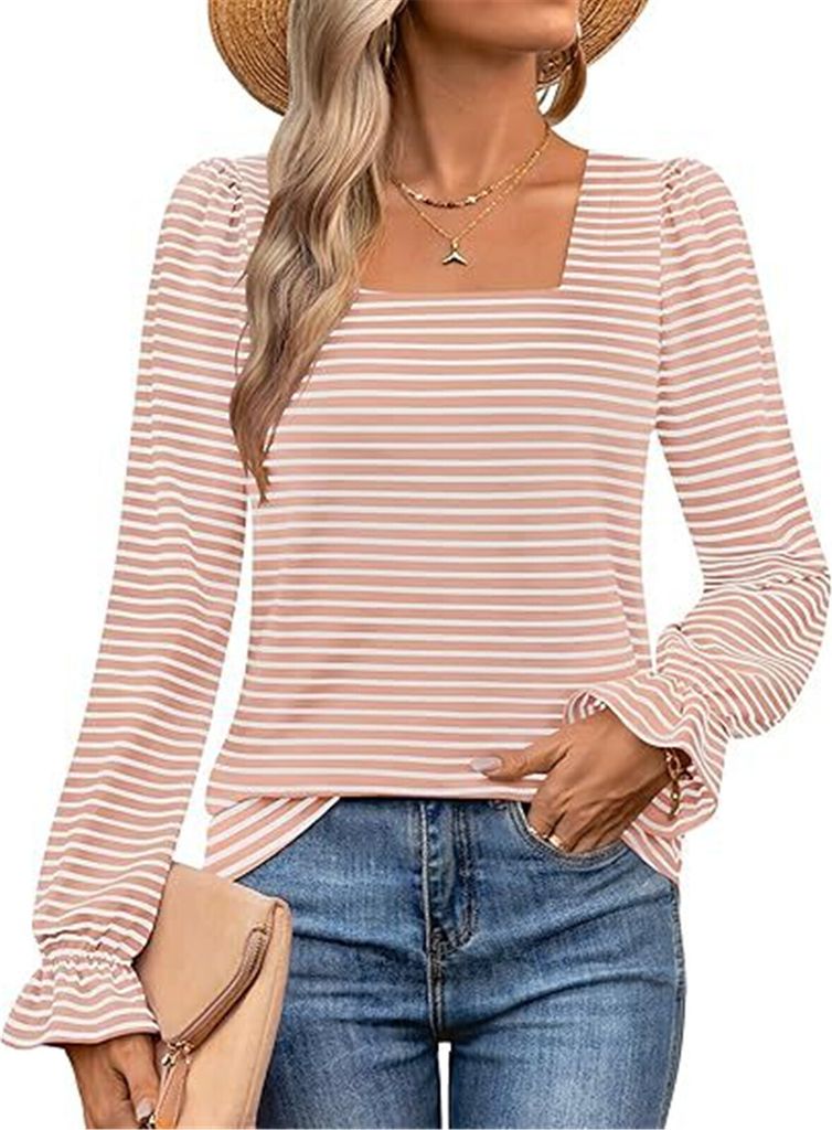 ASKSA Damen Langarm T-Shirt Gestreifte Quadratischer Ausschnitt Puffaermel Herbst Elegant Casual Tunika Oberteile (Rosa,XL)