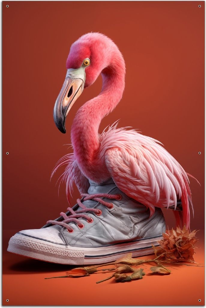 Wallario Outdoor-Poster für Garten oder Balkon, Motiv Flamingo im Sneaker, in ca. 61 x 91,50 cm