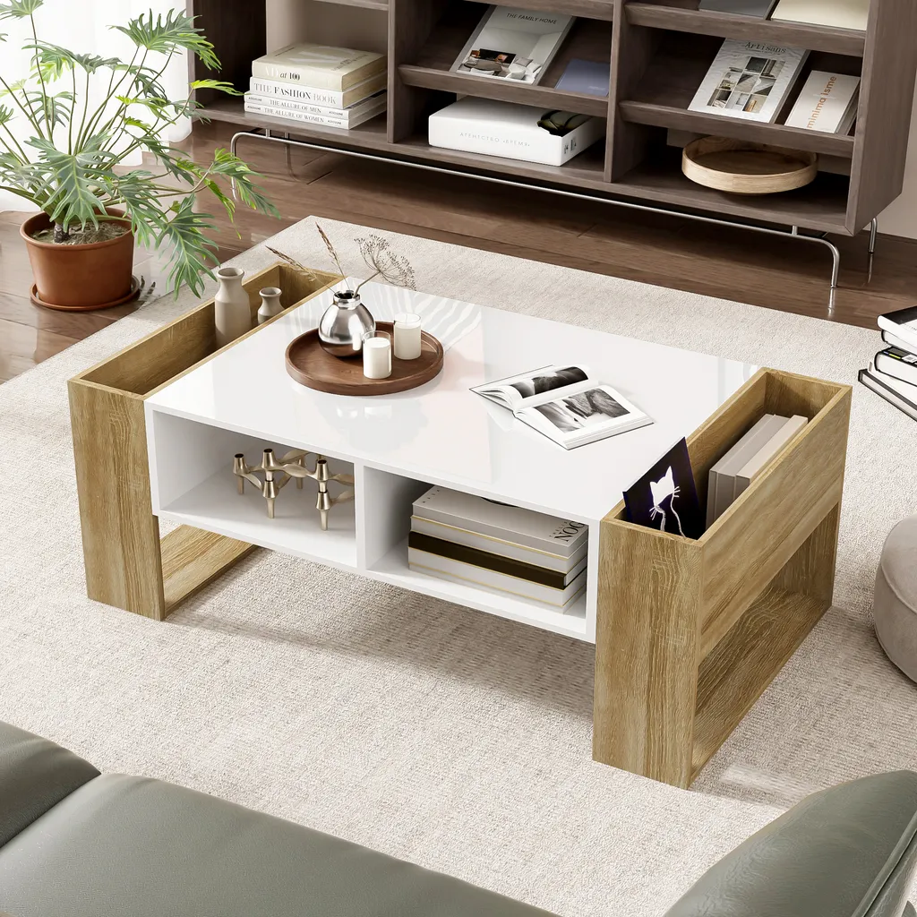 Tavolino Merax 105x60 cm Bianco Lucido e Legno con Cassetto