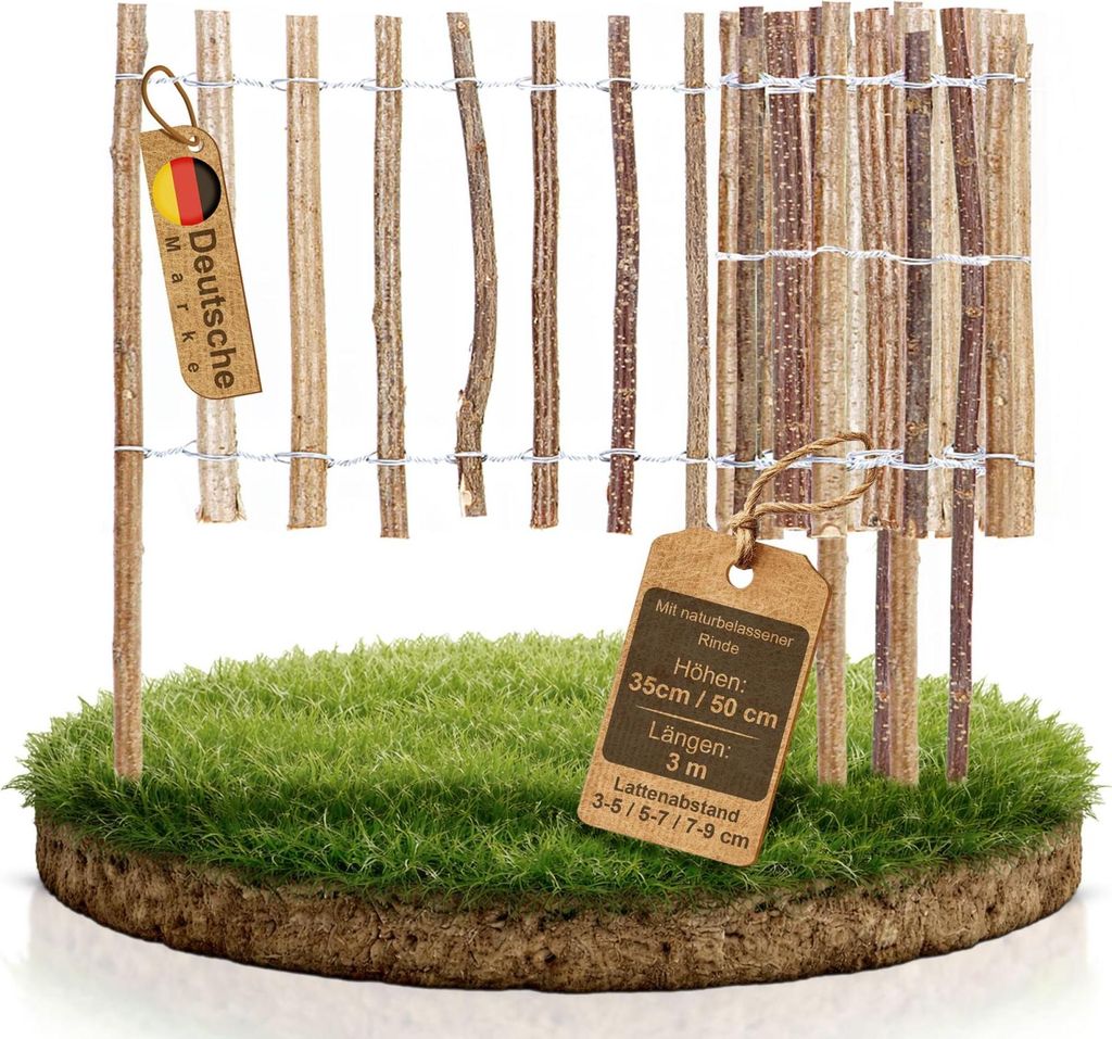 Staketenzaun mit Rinde · 35 x 300 cm Lattenabstand 3-5 cm · Produktbild 