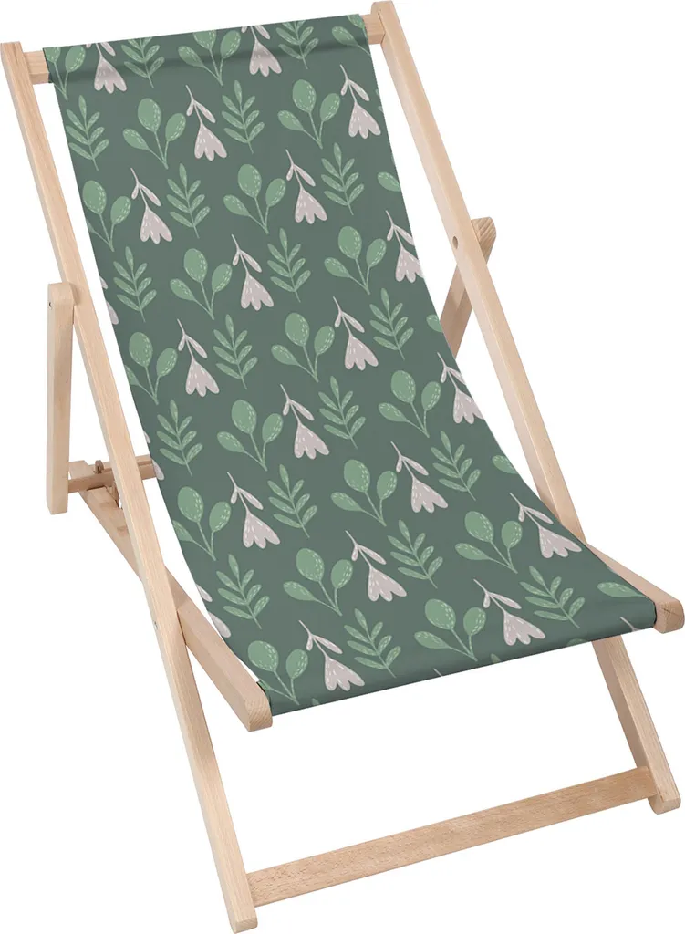 Sdraio Dreamroots pieghevole in legno fino a 130 kg, sdraio pieghevole con regolazione dell'inclinazione dello schienale in 3 fasi, Fiori Folk su Verde