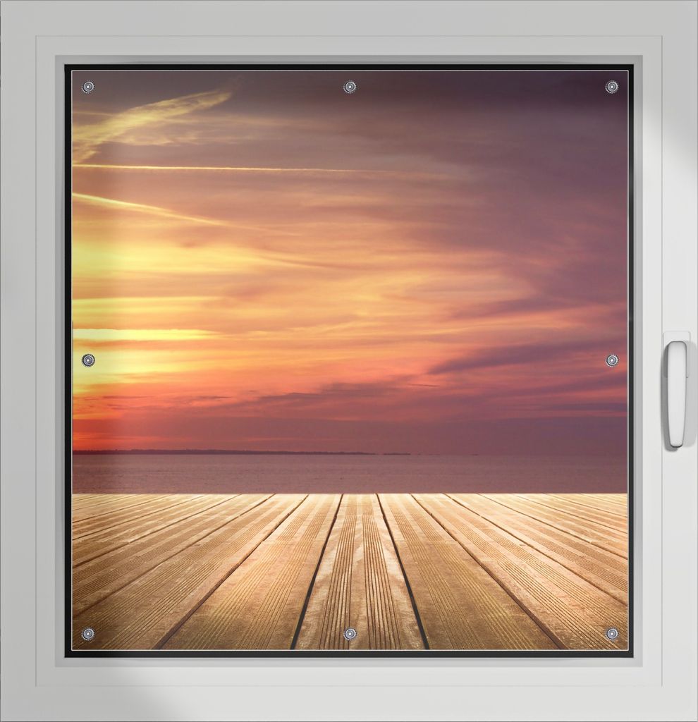 Wallario Lichtschutzbild, Dekorativer Sichtschutz Sonnenschutz 96 x 100 cm mit Motiv: Steg am See - Sonnenuntergang und roter Himmel - Verdunklung ...