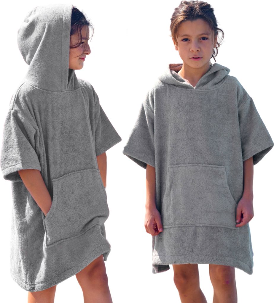 Frottee Badeponcho Kinder Mädchen Jungen 100% Baumwolle Bademantel Surfponcho Grau 6-9 Jahre (122-134)