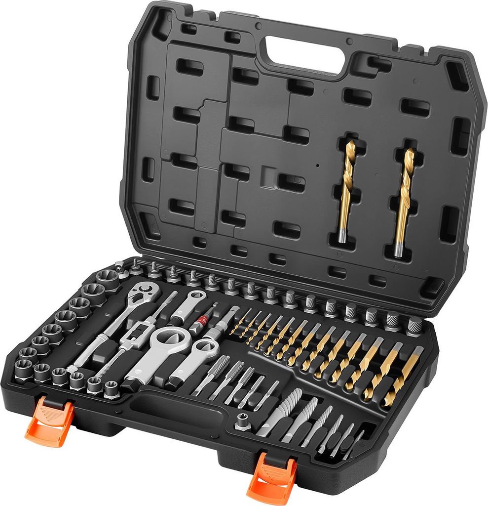 SucceBuy 63-teiliges Bolzenausdreher-Set mit Schraubenausdrehern, Mutternsprengern, Gewindebohrern, Bohrern, Schraubenschlüsseln, Adaptern und pra...