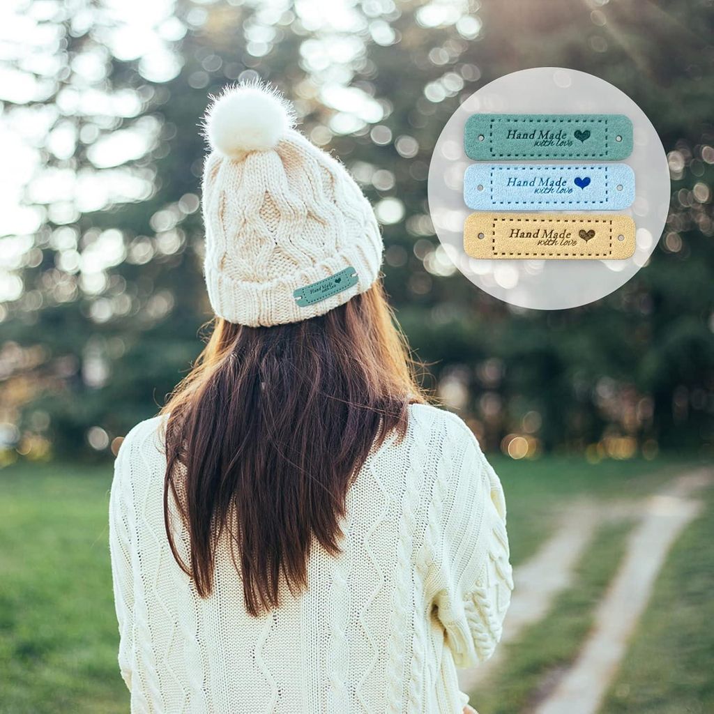 60 Stück Handgemachtes Label - Mit Löchern - Strickzubehör Für DIY Hüte Kleidung Nähen - Handgemachtes Suède Label - Lederlabels - Strickdek...