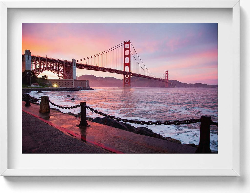 Blick auf die Golden Gate Bridge– Wandbild mit Rahmen – Gerahmtes Bild – Wanddekoration – 70x50 cm – Schwarz Rahmen