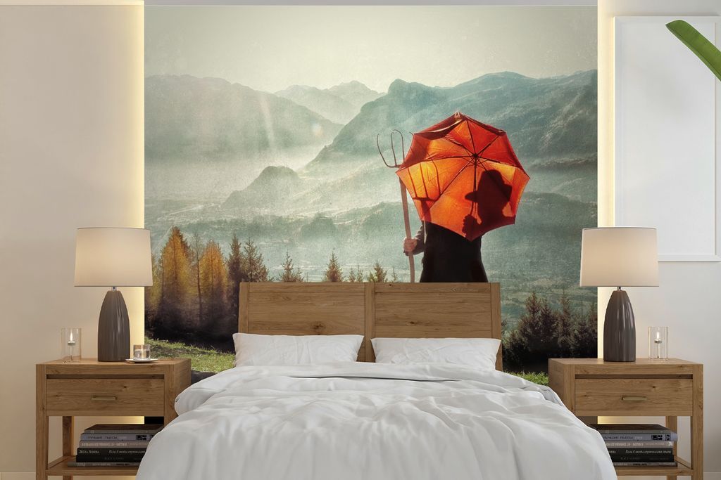 MuchoWow Fototapete für Wohnzimmer oder Schlafzimmer Wandtapete Vinyl Motivtapete Landwirt mit Regenschirm in der Schweiz - 240x240 cm - Schlafz...