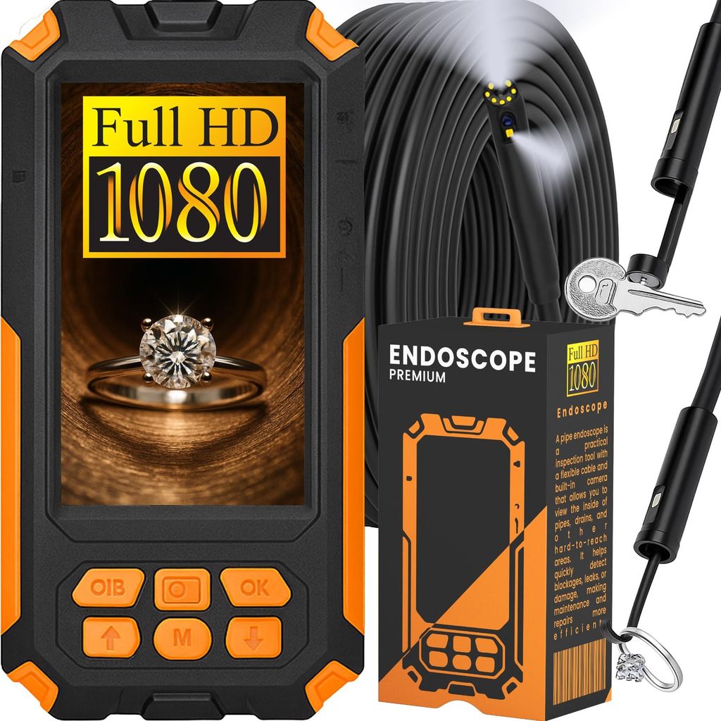 A product image showing an endoscope camera with its display screen, coiled cable, and packaging.