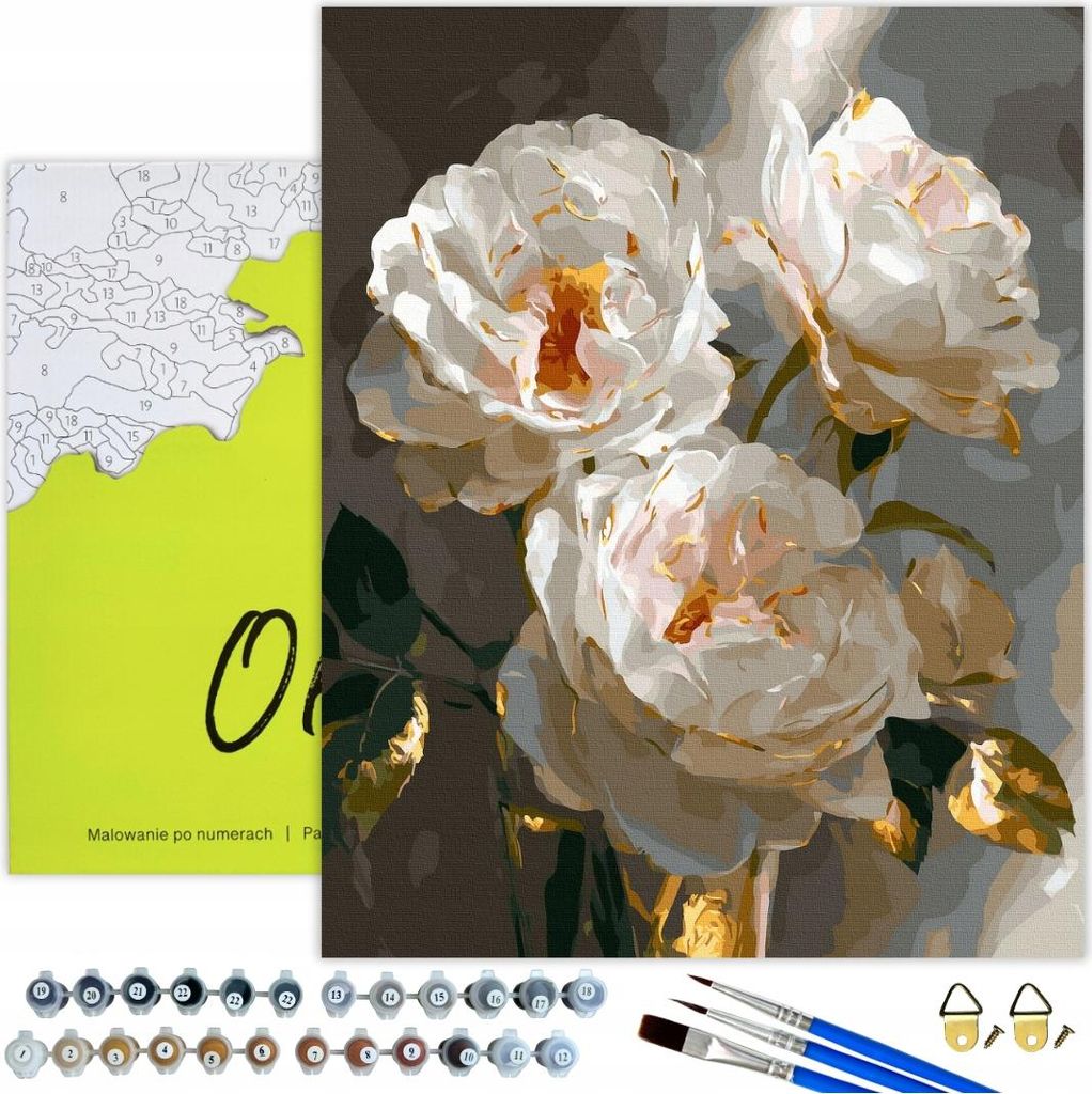 Malen nach Zahlen Erwachsene Blumen Pfingstrosen Weiß 50x40 - 32 Acrylfarben, Leinwand mit Holzrahmen, 3 Pinseln, Zubehör, Goldfarbe Oh Art!
