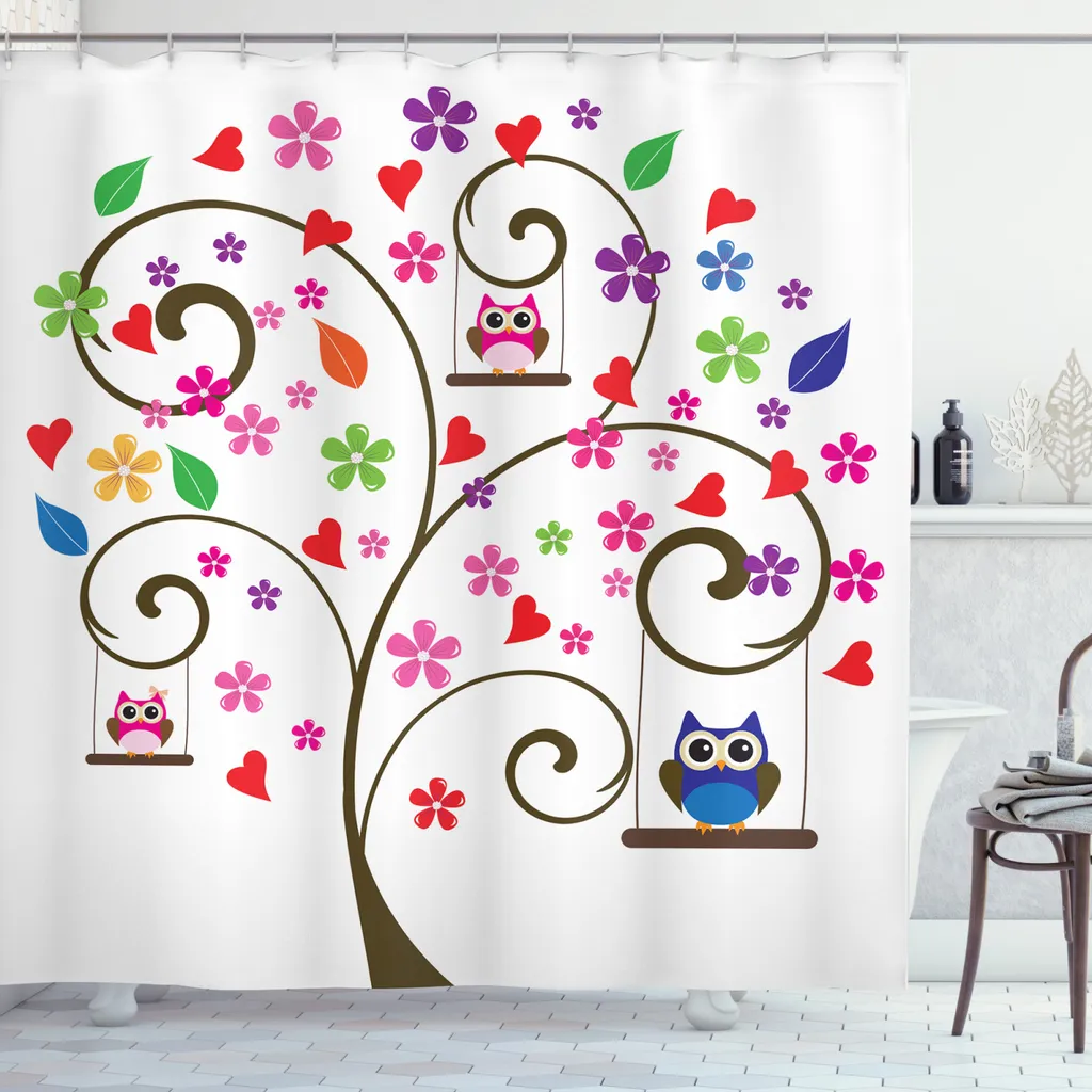 ABAKUHAUS Tenda da doccia con gufi, alberi, fiori e uccellini giocosi, alta qualità con set di 12 ganci, facile da pulire, colori resistenti, resistente all'acqua e ai batteri, 175 x 180 cm, multicolore - 1