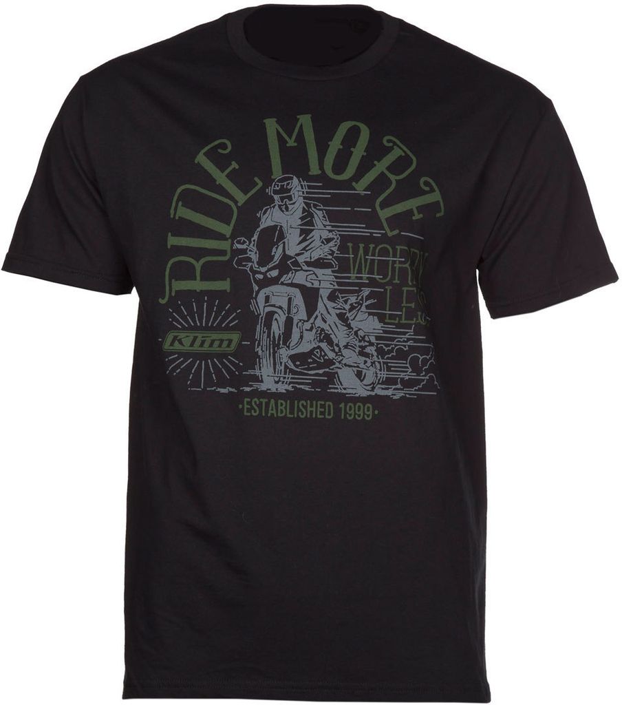 A black t-shirt with a graphic design featuring a motorcycle rider and text.