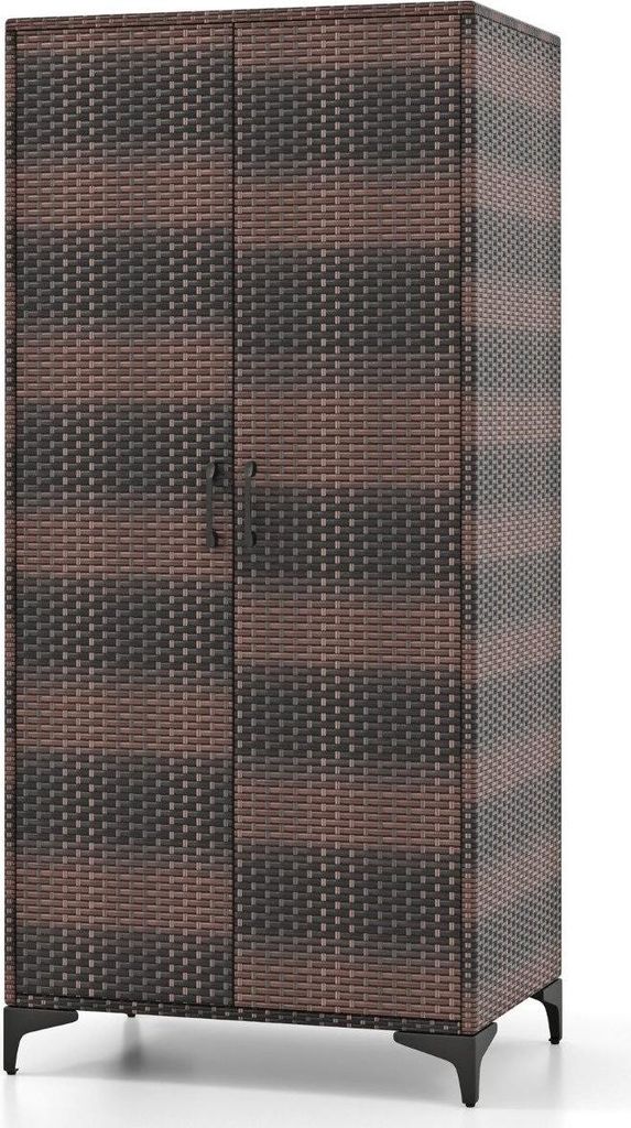 Kleiderschrank aus PE-Rattan mit 2 Türen & Kleiderstange & 4 Fächern Garderobenschrank Braun