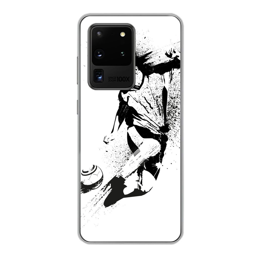 MuchoWow Handyhülle Schutzhülle Hülle für Samsung Galaxy S20 Ultra Eine Illustration einer Person, die einen Fußball in Richtung Tor schieß...