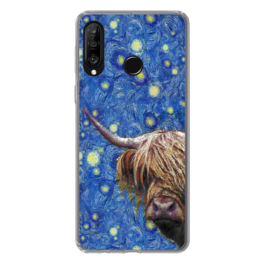 MuchoWow Handyhülle Schutzhülle Hülle für Huawei P30 Lite Sternennacht - Van Gogh - Schottischer Highlander Silikon Softcase Handy Hülle - H...